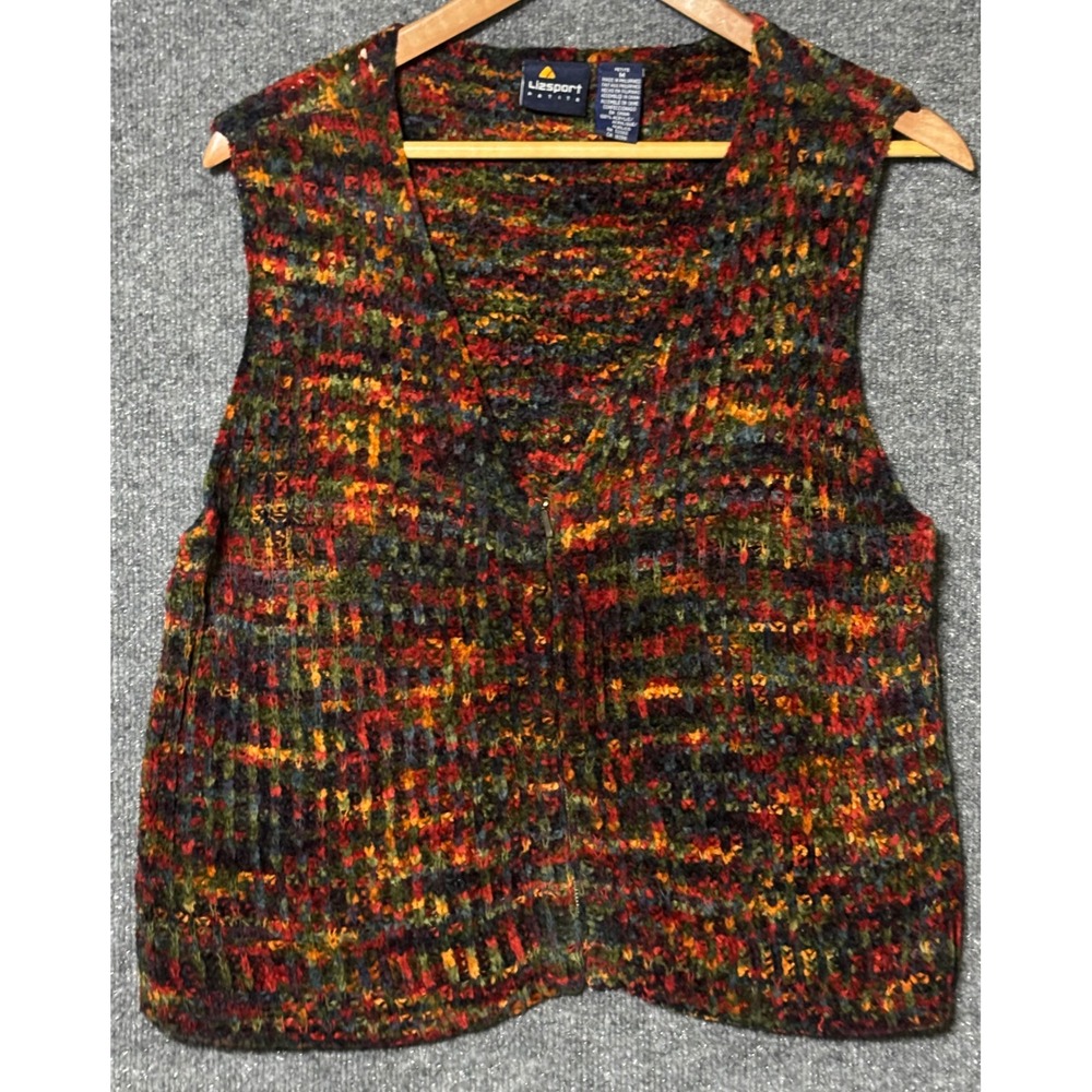 VTG Y2K Lizsport Petite Multi Color Textured Knit Zip Front Vest Women's‎ Medium